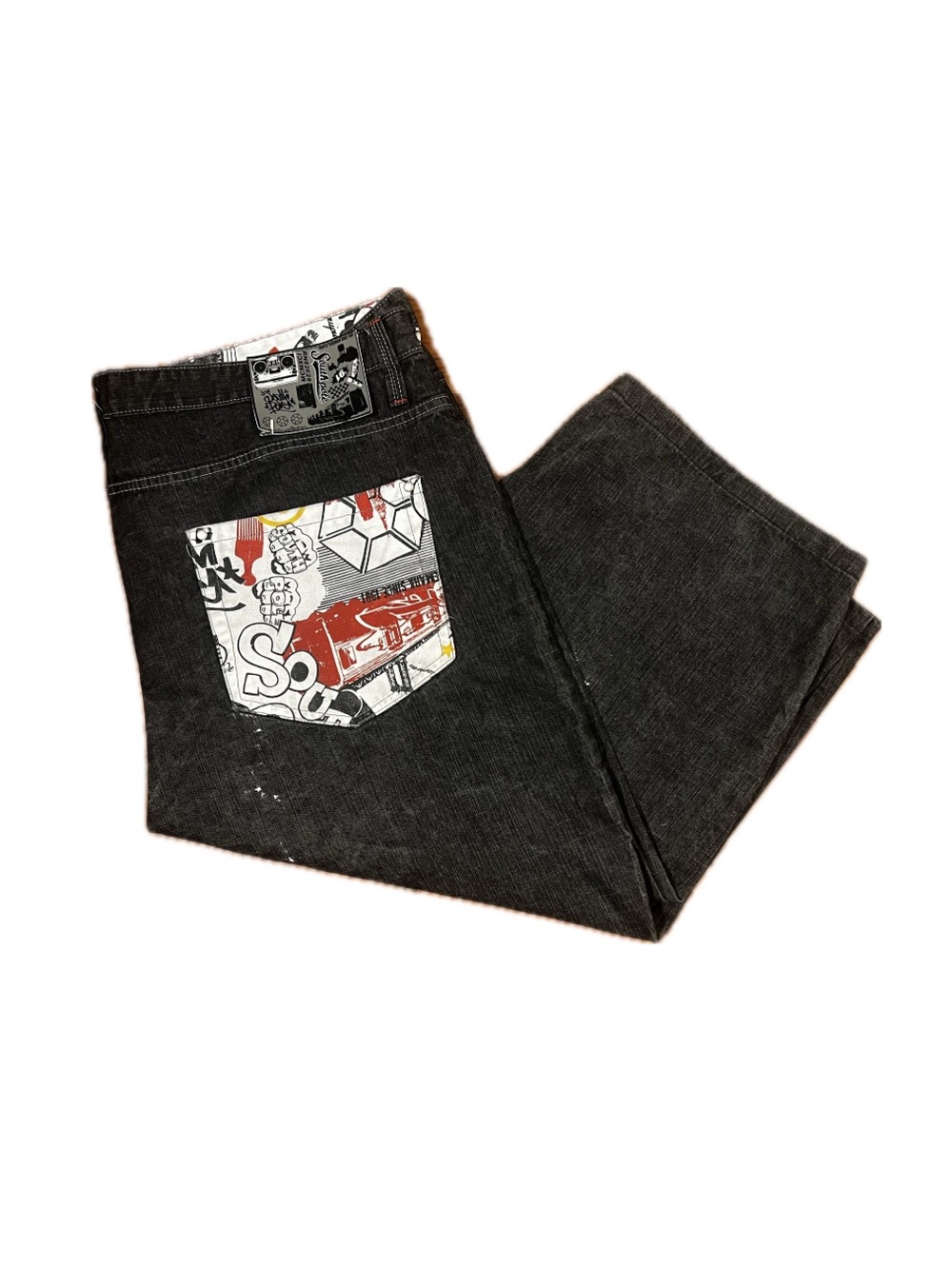 Vintage Southpole Baggy Black Denim Jorts Contrast Graffiti Patchwork Y2K Sz 52 - Picture 2 of 11